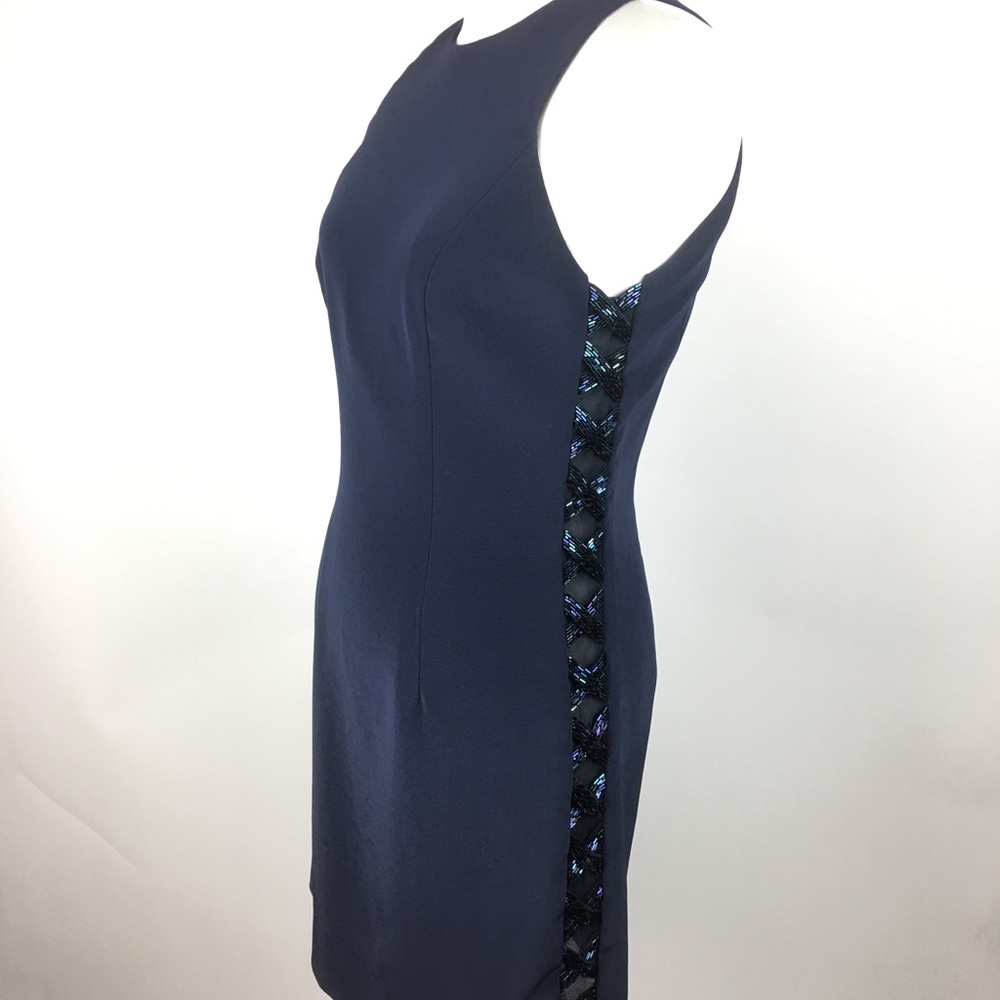 B’zar Navy Blue Sheer side Beaded cocktail dress